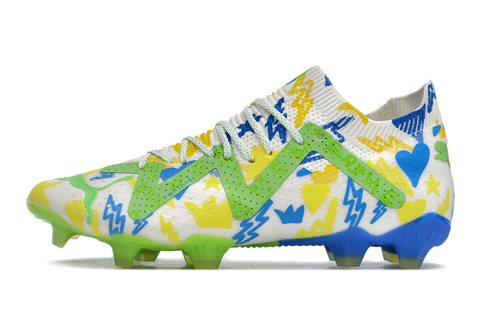 PUMA Future Ultimate FG/AG Neymar Jr. Instituto - Blanc/Bleu/Jaune/Vert ÉDITION LIMITÉE
