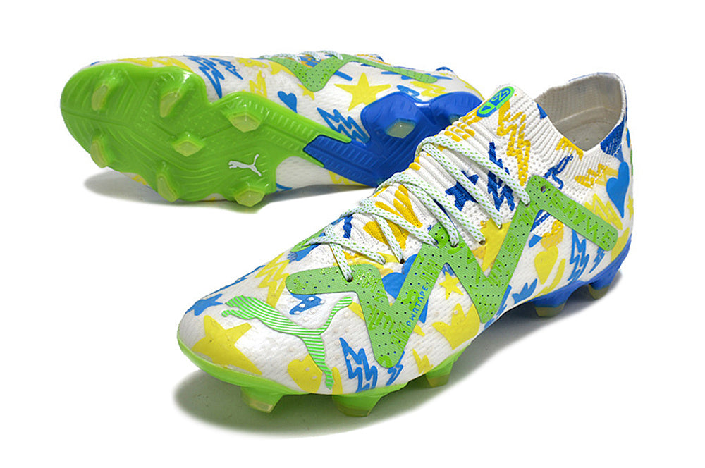 PUMA Future Ultimate FG/AG Neymar Jr. Instituto - Blanc/Bleu/Jaune/Vert ÉDITION LIMITÉE