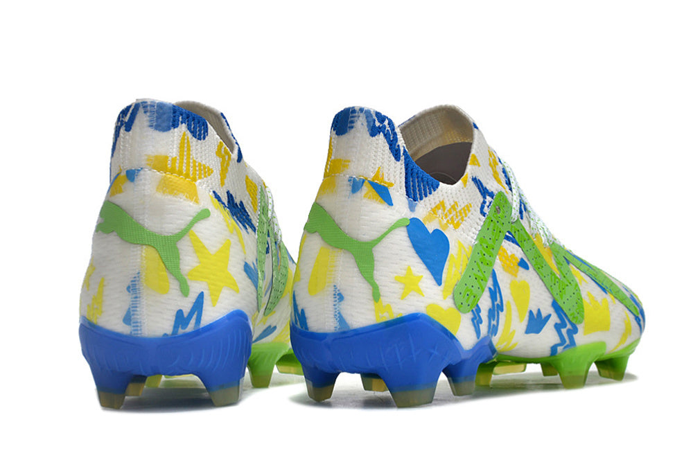 PUMA Future Ultimate FG/AG Neymar Jr. Instituto - Blanc/Bleu/Jaune/Vert ÉDITION LIMITÉE